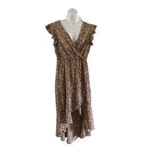 Grecerelle Brown Floral Maxi Dress Size M Flutter Sleeve Boho Cottage Prairie